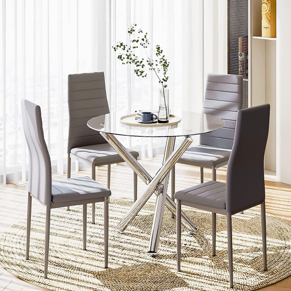 (Glass Table+4 Grey Chair) Dining Table and Chairs Set of 4, High Back PU Leather Chair with Glass Chrome Leg Table