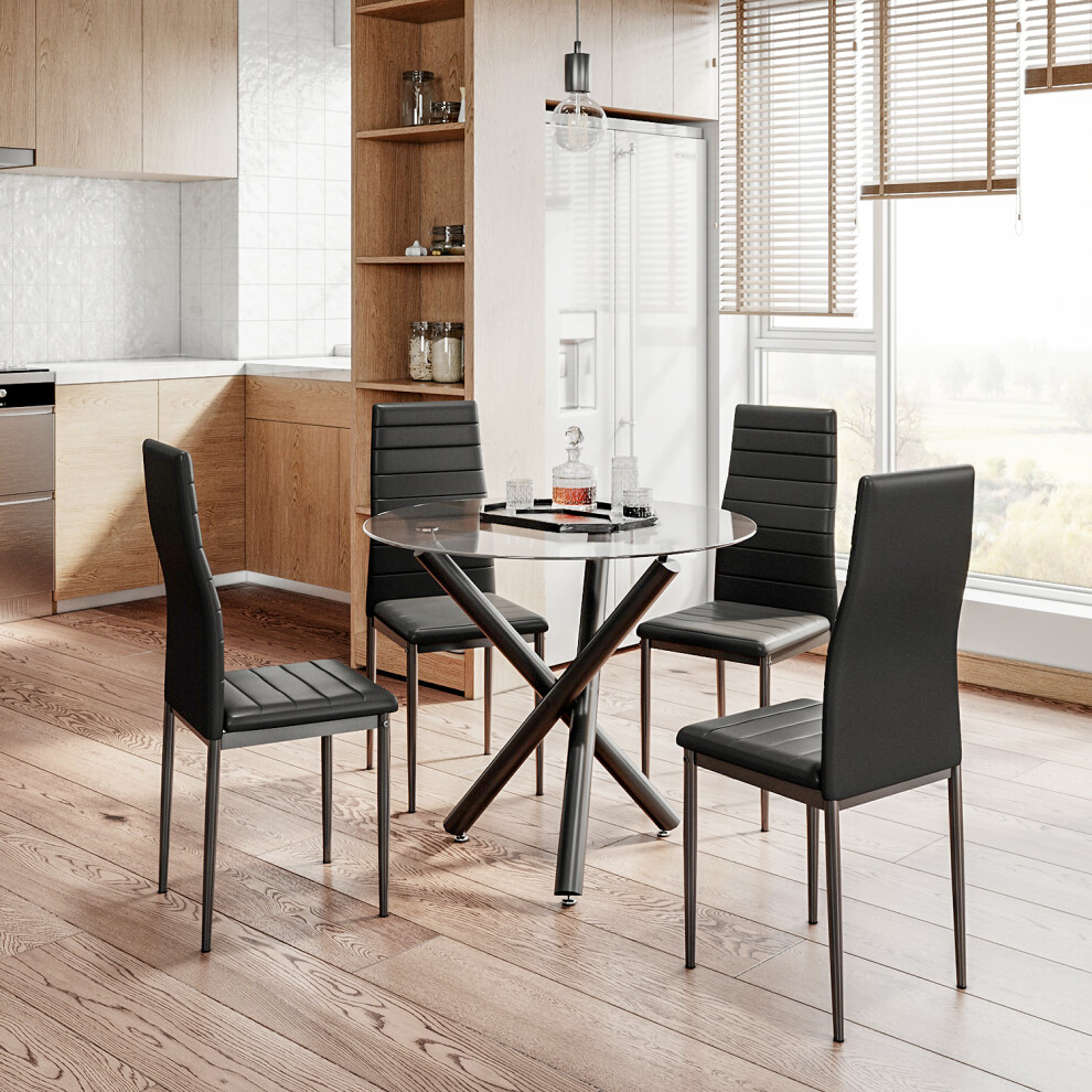 (Glass Table+4 Black Chair) Dining Table and Chairs Set of 4, High Back PU Leather Chair with Glass Chrome Leg Table