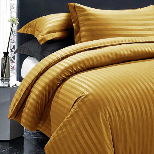 (Single, Mustard) Satin Stripe Duvet Quilt Cover Bedding Set 2