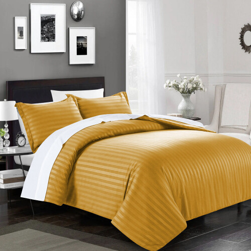 (Single, Mustard) Satin Stripe Duvet Quilt Cover Bedding Set