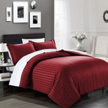 (Single, Burgundy) Satin Stripe Duvet Quilt Cover Bedding Set
