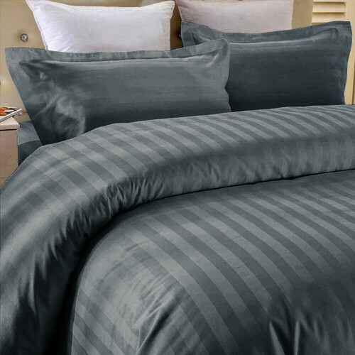 (Single, Charcoal Grey) Satin Stripe Duvet Quilt Cover Bedding Set 2