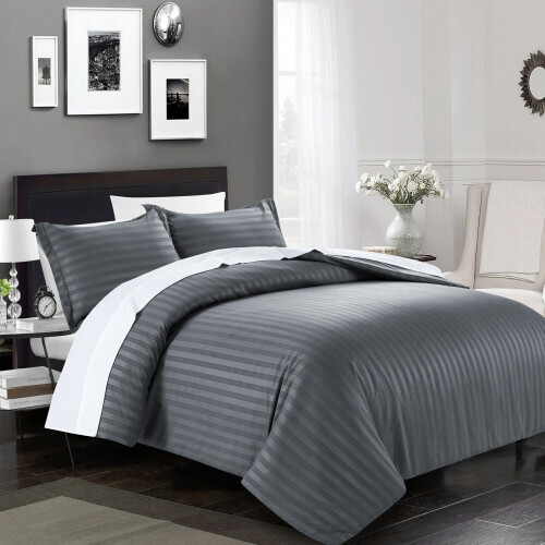 (Single, Charcoal Grey) Satin Stripe Duvet Quilt Cover Bedding Set