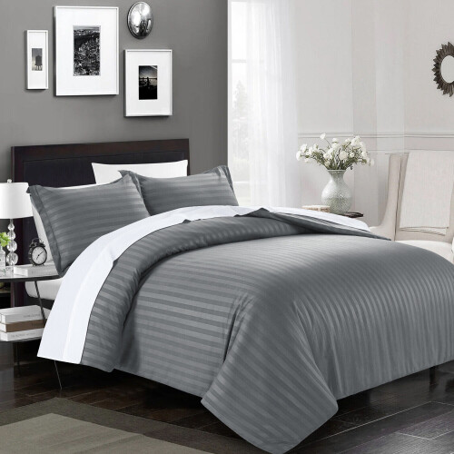 (Double, Grey) Satin Stripe Duvet Quilt Cover Bedding Set