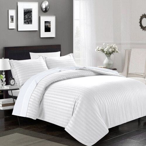 (Double, White) Satin Stripe Duvet Quilt Cover Bedding Set