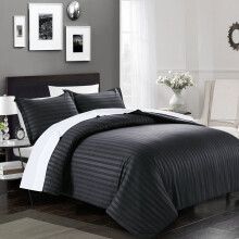 (Double, Black) Satin Stripe Duvet Quilt Cover Bedding Set