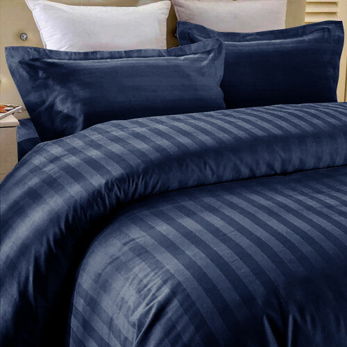 (Double, Navy Blue) Satin Stripe Duvet Quilt Cover Bedding Set 2