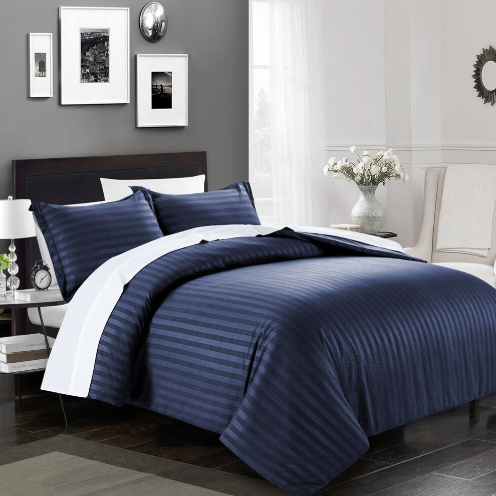 (Double, Navy Blue) Satin Stripe Duvet Quilt Cover Bedding Set