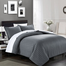 (Double, Charcoal Grey) Satin Stripe Duvet Quilt Cover Bedding Set