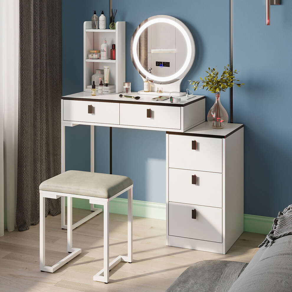 Dressing Table with Mirror and Stool, Vanity Table Set with 3 Color Detachable LED Mirror, 5 Drawer 2 Shelves