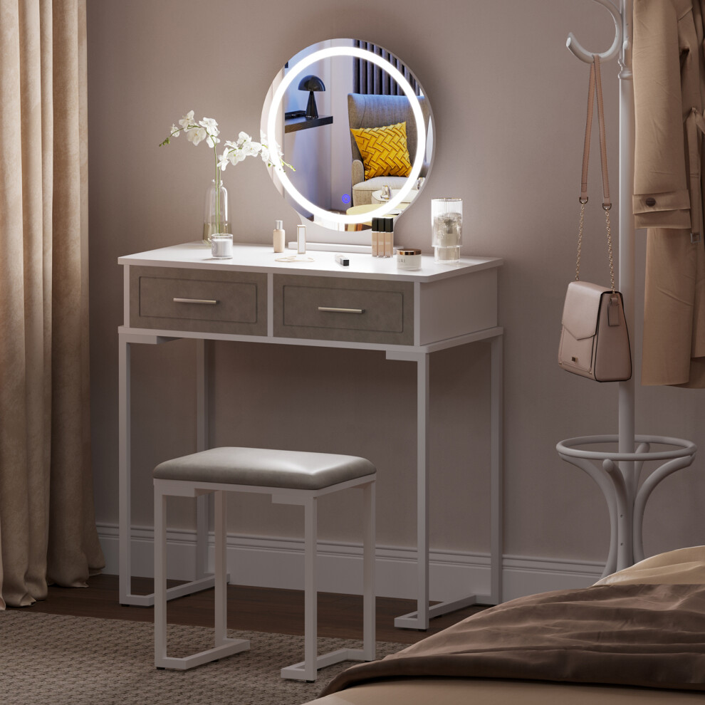 Dressing Table with Lights Mirror, White Vanity Makeup Table with Adjustable Brightness Mirror, 2 Large Drawers and Cushioned Stool