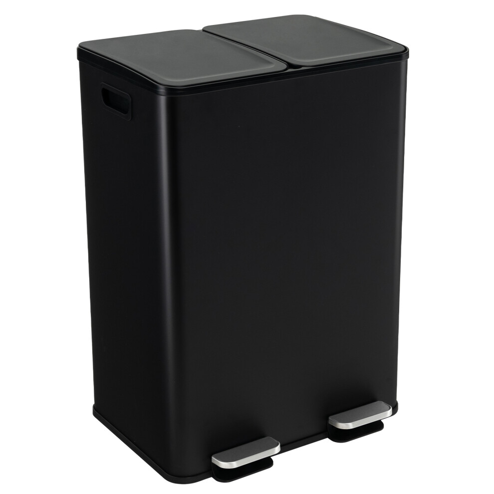 60L Metal Trash Bin 2 x 30L Compartments W/ Lids &  Inner Buckets Black