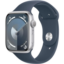 Apple Watch Series 9 45mm (GPS) (MR9D3, Silver Aluminium Case with Storm Blue Sport Band - S/M) - Refurbished