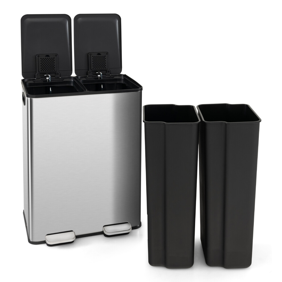 Casart 60L Metal Trash Bin 2 X 30L Compartments W/ Lids & Inner Buckets Silver