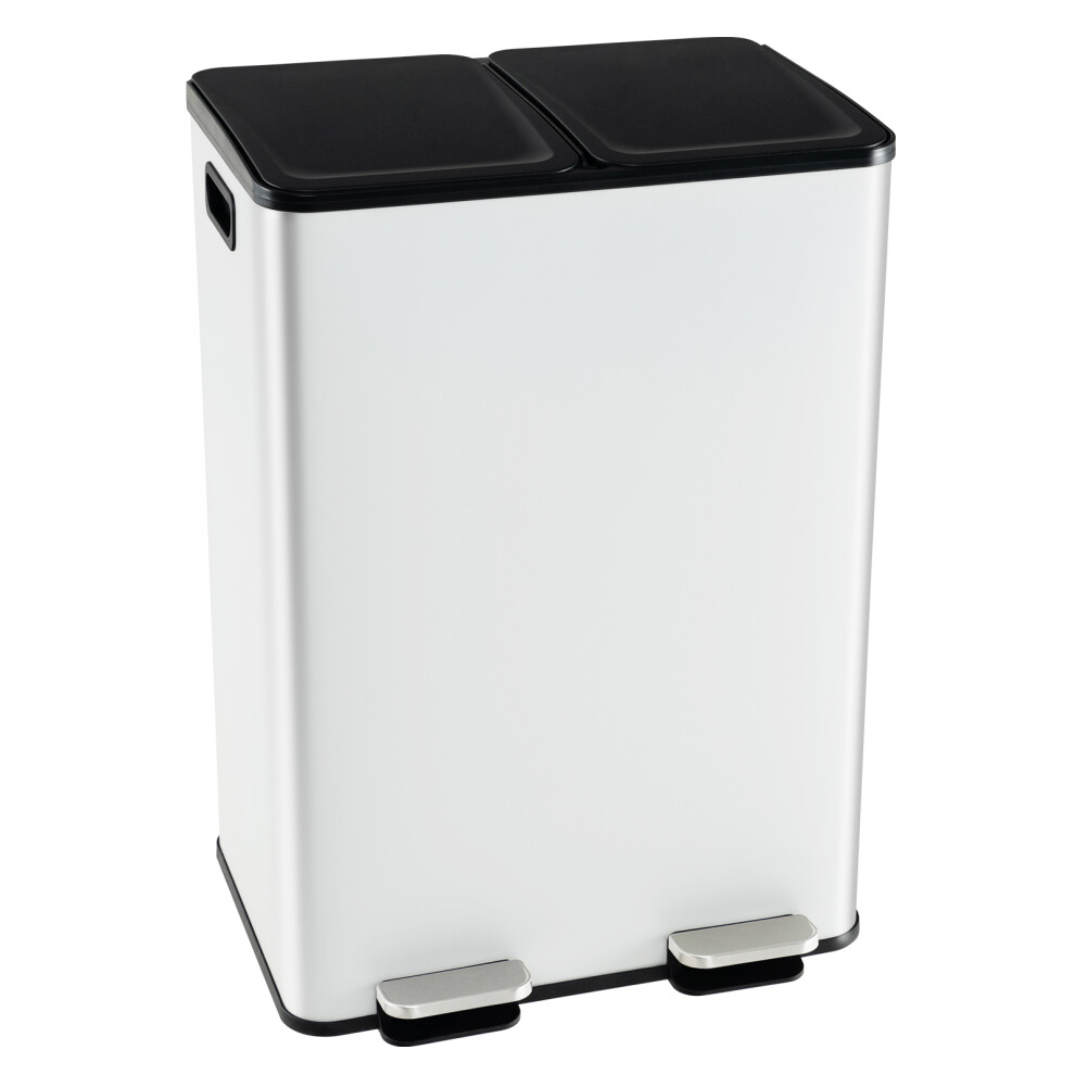 Casart 60L Metal Trash Bin 2 X 30L Compartments W/ Lids & Inner Buckets White