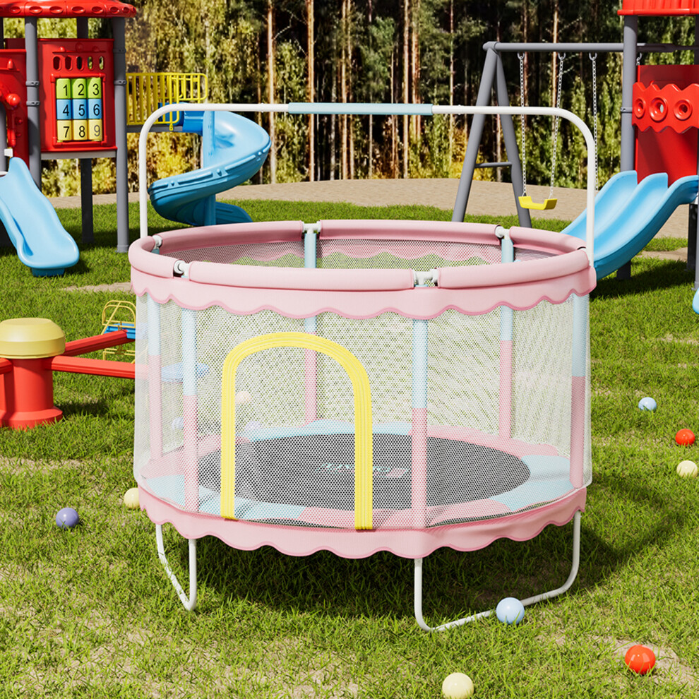 (Pink) Outdoor Enclosure Trampoline with Balance Bar 
