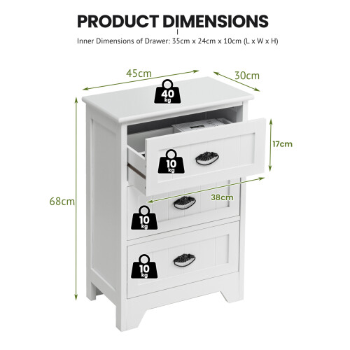 Casart 3-Drawer Bedside Table Nightstand Accent Side Table Vintage White 2