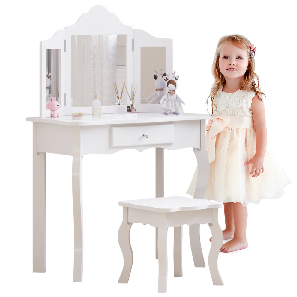 (White) Girls Dressing Table with Mirror and Stool, Kids Wooden Vanity Table with Drawer and 3 Foldable Mirrors