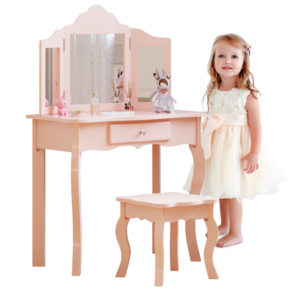 (Pink) Girls Dressing Table with Mirror and Stool, Kids Wooden Vanity Table with Drawer and 3 Foldable Mirrors