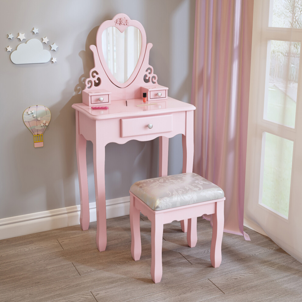 (Pink) Dressing Table for Girls,Pink Vanity Table with Mirror Stool for 3,4,5,6,7,8 Kids, Birthday Gift for Children Bedroom