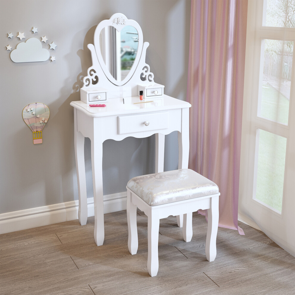 (White) Dressing Table for Girls,Pink Vanity Table with Mirror Stool for 3,4,5,6,7,8 Kids, Birthday Gift for Children Bedroom