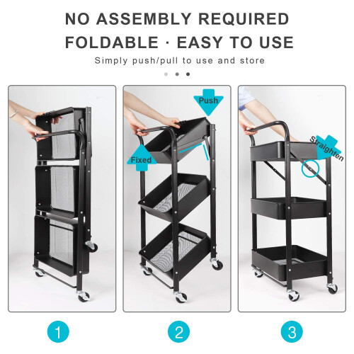 3 Tier Foldable Metal Rolling Organizer Cart 2