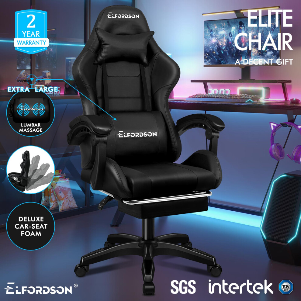 (Elite - All Black) ELFORDSON Gaming Office Chair Extra Large Pillow Racing Footrest Seat PU Leather