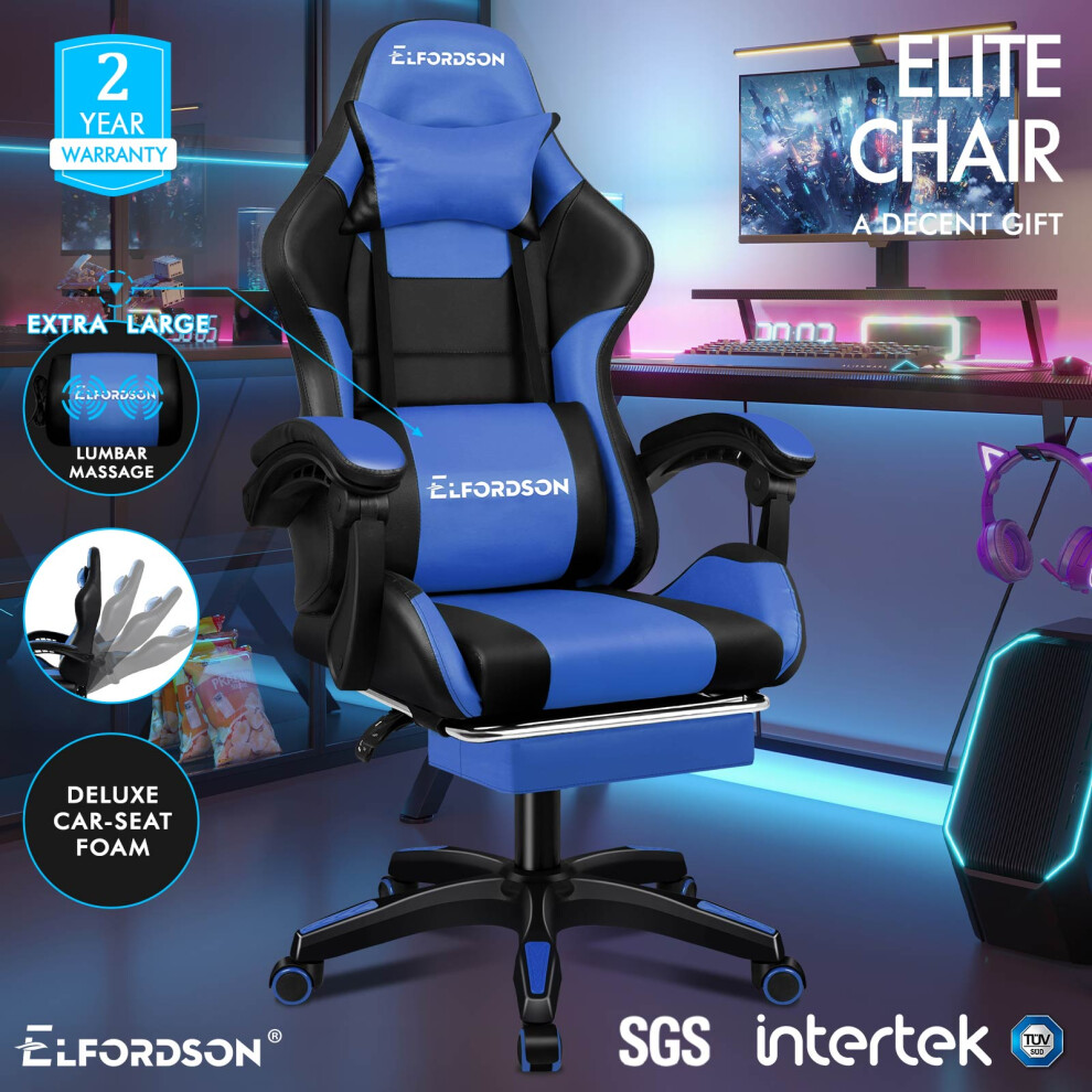 (Elite - Black & Blue) ELFORDSON Gaming Office Chair Extra Large Pillow Racing Footrest Seat PU Leather