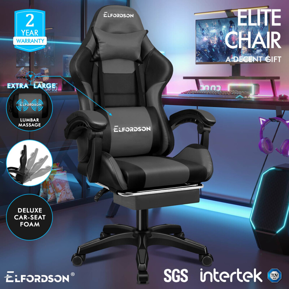 (Elite - Black & Grey) ELFORDSON Gaming Office Chair Extra Large Pillow Racing Footrest Seat PU Leather