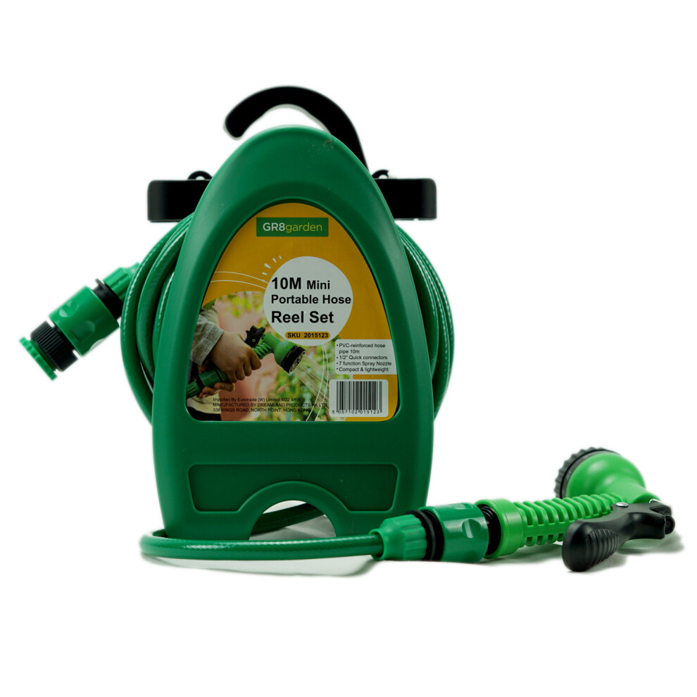 Gr8 Garden 10M Compact Garden Hose Reel With 7-Pattern Sprayer, Lime Cart Sprayer & Quick-Connect Green