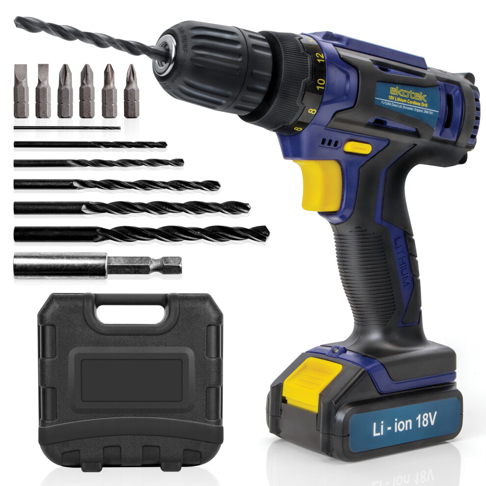 Skotek 18V Cordless Drill Driver Drill Bit Set With Carry Case