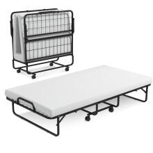 Folding Single Bed Portable Guest Bed W/ Wheels & Memory Foam Mattress