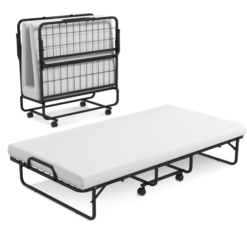 Casart Folding Single Bed Portable Guest Bed W/ Wheels & Memory Foam Mattress