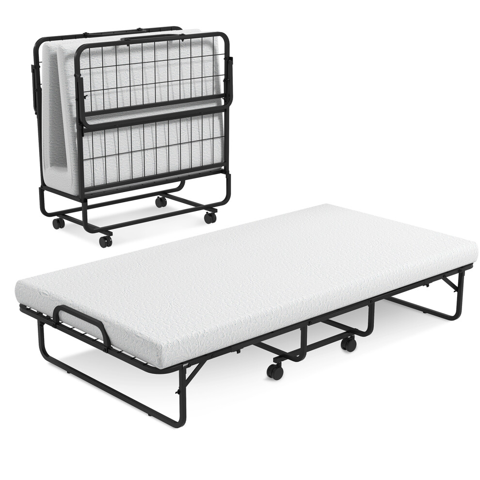 Folding Single Bed Portable Guest Bed W/ Wheels & Memory Foam Mattress