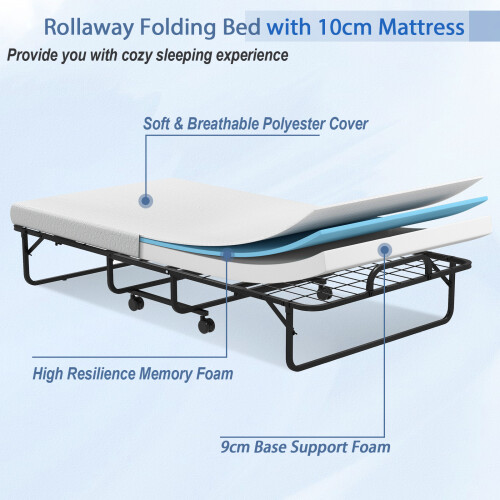 Casart Folding Single Bed Portable Guest Bed W/ Wheels & Memory Foam Mattress 1