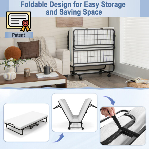 Casart Folding Single Bed Portable Guest Bed W/ Wheels & Memory Foam Mattress 2