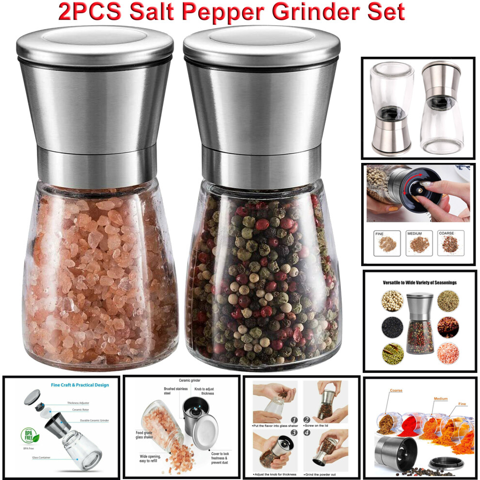 2X Large Salt&Pepper Grinder Set Stainless Steel Glass Mill Adjustable