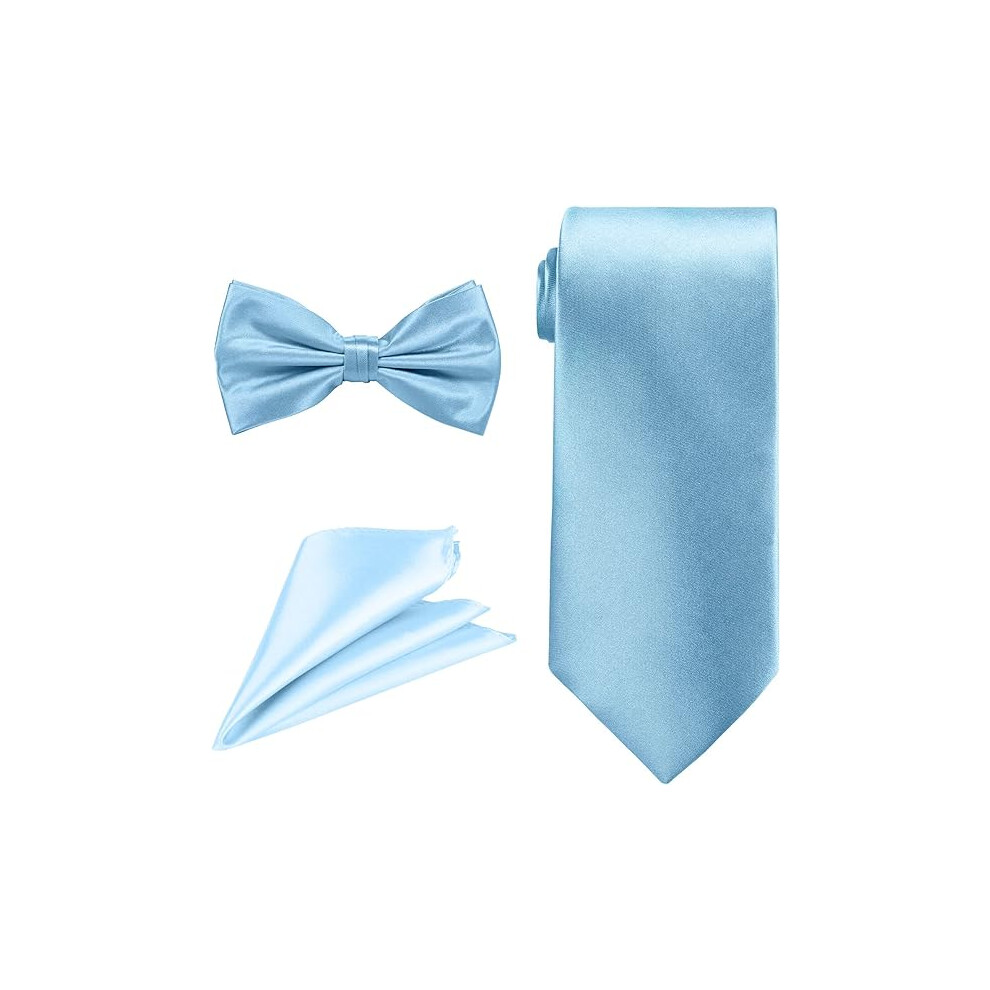 (Sky Blue) Men's Ties Set, Bow Tie, Necktie & Pocket Square Classy Satin Neck Tie with Handkerchief Solid Color Cravat for Weddings Party, Formal & Casual Wear