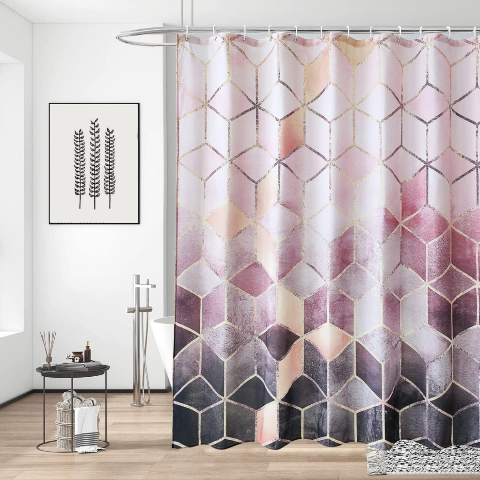 (Geometric Pink & Grey, 180cm x 180cm) Shower Curtain 90GSM Polyester Fabric Bathroom Curtain with 12 Curtain Hook Mould & Mildew Resistant Waterproof Bath Curtain Long Shower Curtain Liner
