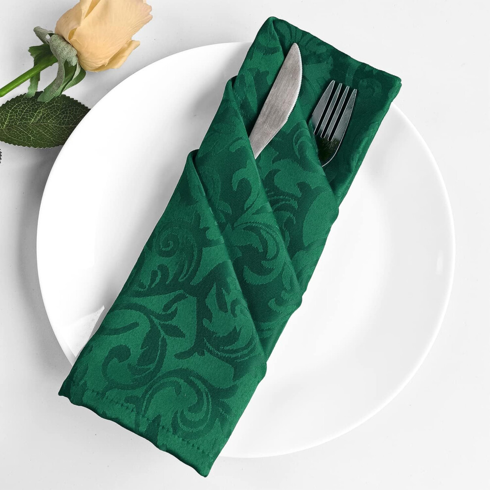 (Green, 10pcs) Dining Table Napkins, 20 Inch Square Soft & Smooth Polyester Fabric Napkins Damask Scrolled Leaves Pattern Hemmed Edges Washable Reusable Serviettes