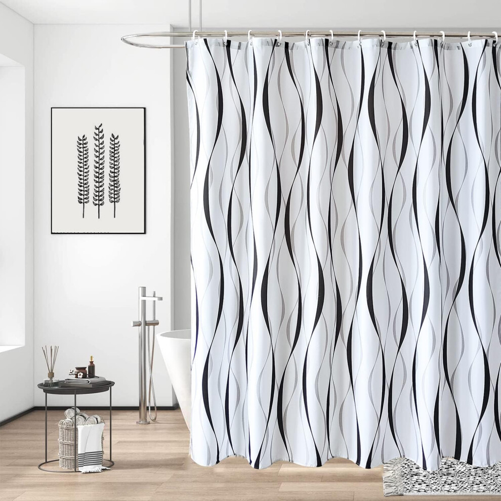 (Curved Design, 180cm x 200cm) Shower Curtain 90GSM Polyester Fabric Bathroom Curtain with 12 Curtain Hook Mould & Mildew Resistant Waterproof Bath Curtain Long Shower Curtain Liner