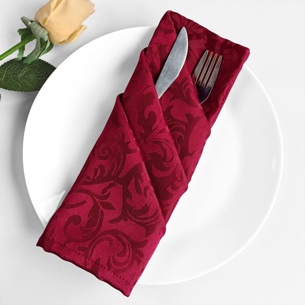 (Red, 20pcs) Dining Table Napkins, 20 Inch Square Soft & Smooth Polyester Fabric Napkins Damask Scrolled Leaves Pattern Hemmed Edges Washable Reusable Serviettes