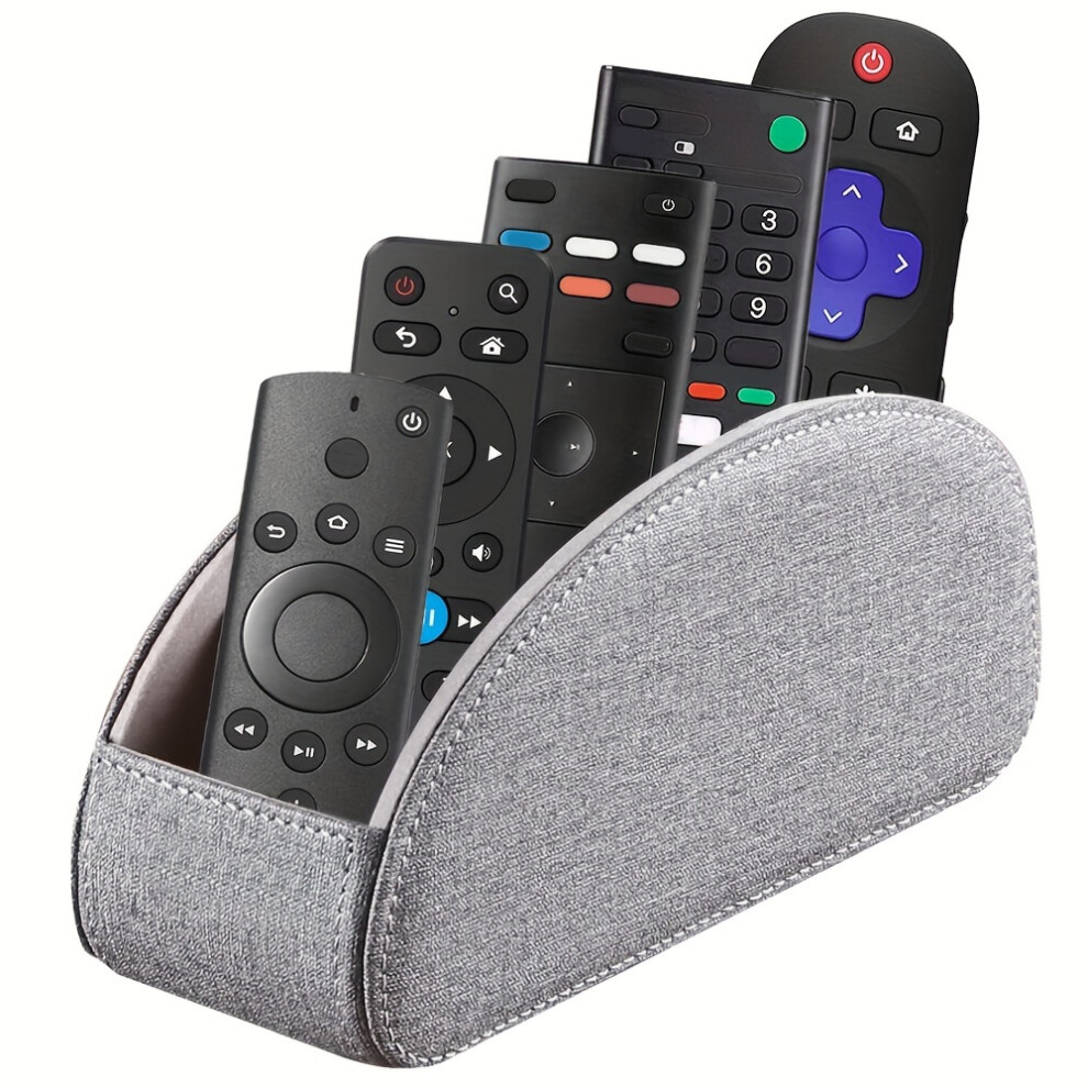 (Gray Cloth) TV Remote Control Holder With 5 Compartments, PU Leather Remote Caddy Storage Box