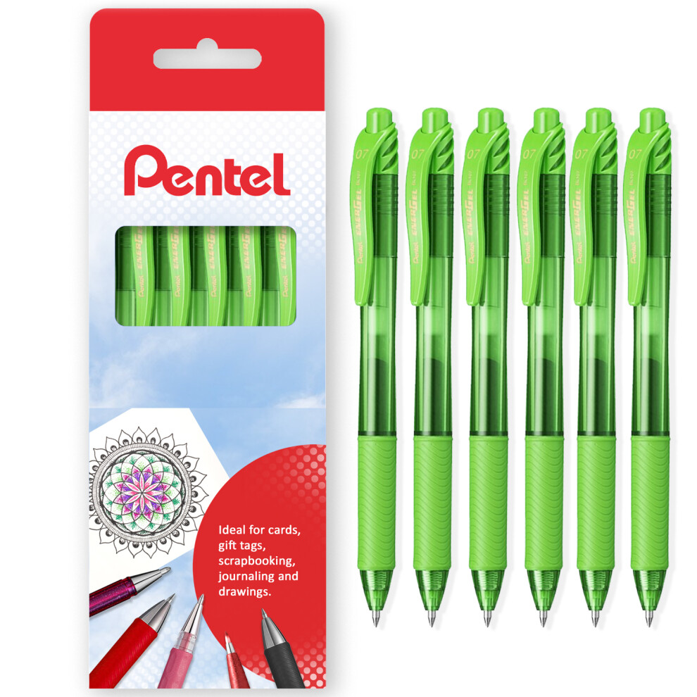 (Light Green) Pentel Energel X BL107 Retractable Gel Rollerball Pens - 0.7mm - Gift Box of 6