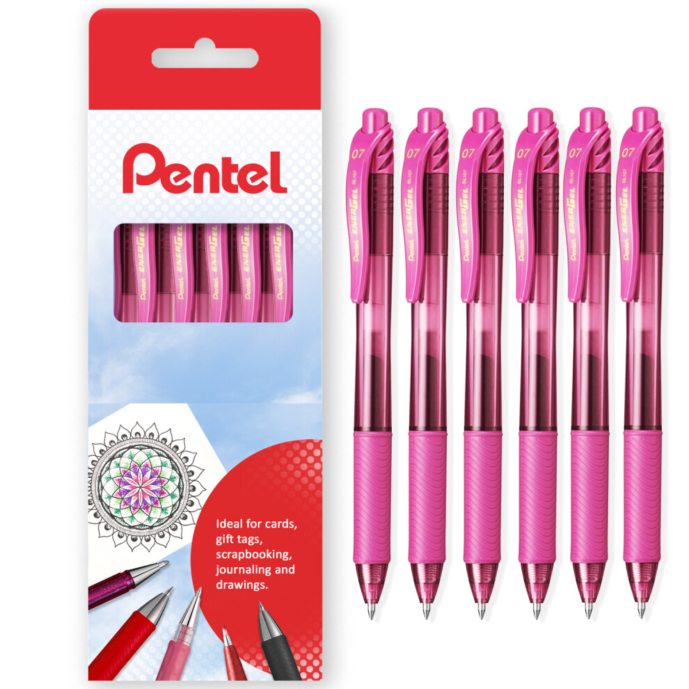 (Pink) Pentel Energel X BL107 Retractable Gel Rollerball Pens - 0.7mm - Gift Box of 6