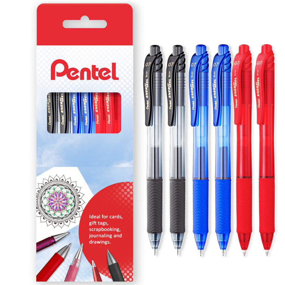 (Black, Blue, Red) Pentel Energel X BL107 Retractable Gel Rollerball Pens - 0.7mm - Gift Box of 6