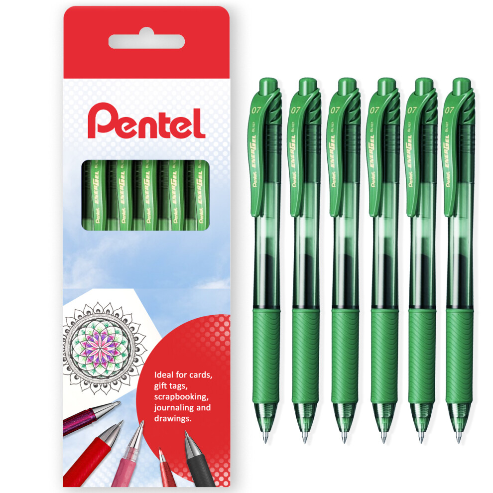 (Green) Pentel Energel X BL107 Retractable Gel Rollerball Pens - 0.7mm - Gift Box of 6