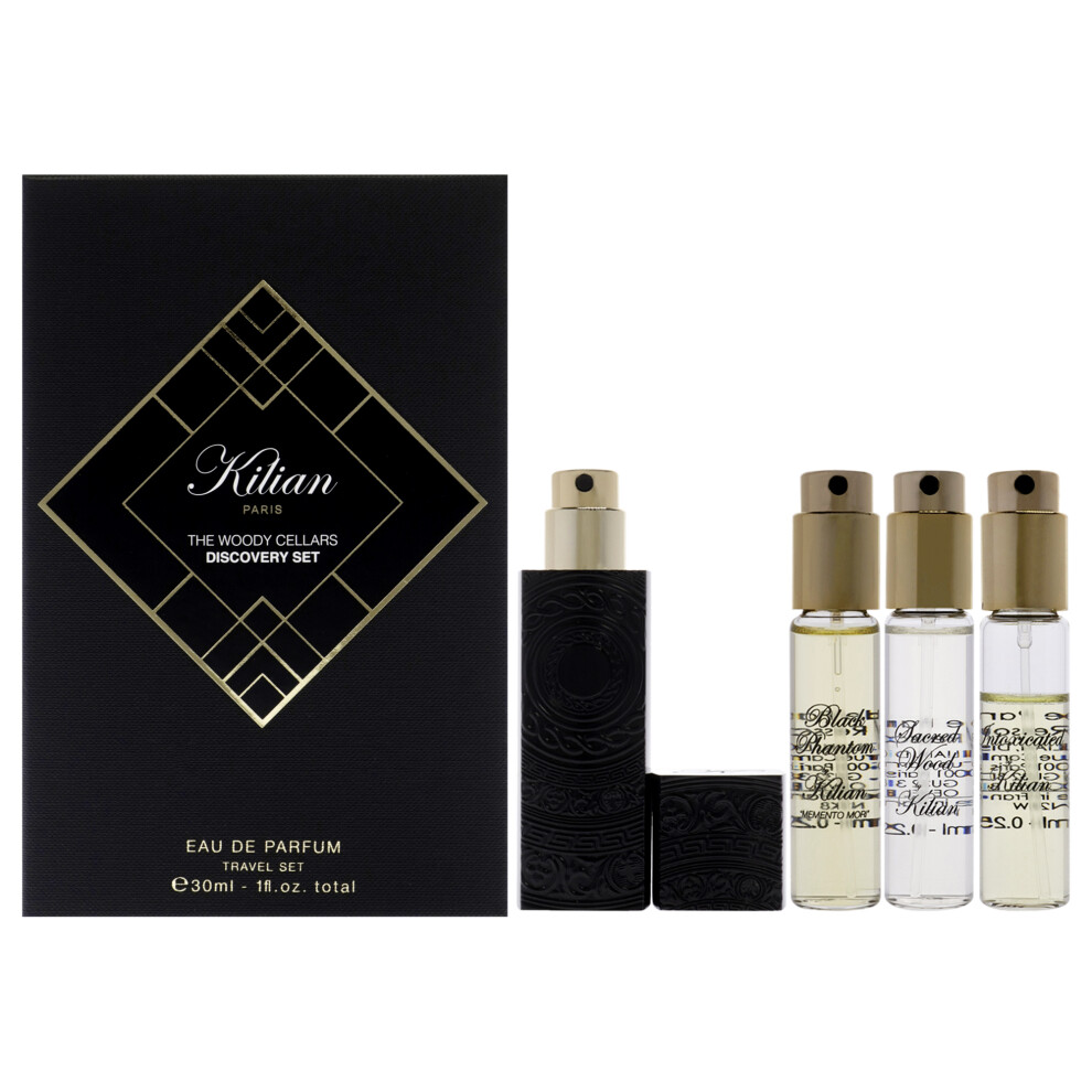 The Woody Cellars Discovery Set by Kilian for Unisex - 5 Pc Mini Gift Set 0.25oz Straight to Heaven EDP Spray (Refill), 0.25oz Memento Mori EDP Spray