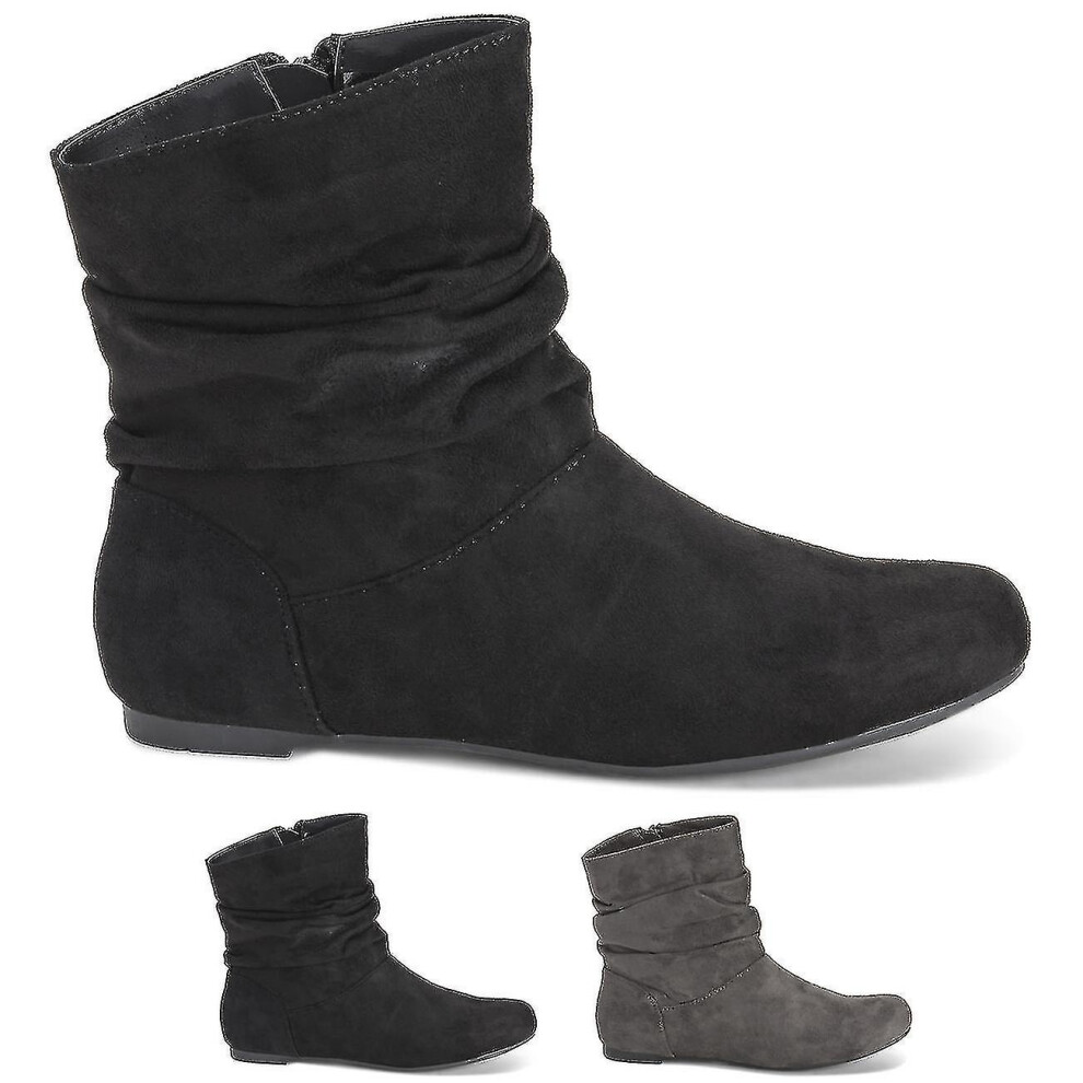 (UK 8) Womens Slouch Fashion Flat Winter Closed Toe Biker Pull On Ankle Boots Uk 3-10