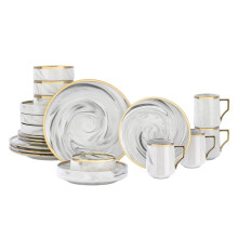 HomeVss, Fine china Artisan Marbled 20pc Dinnerware Set, grey with gold Line